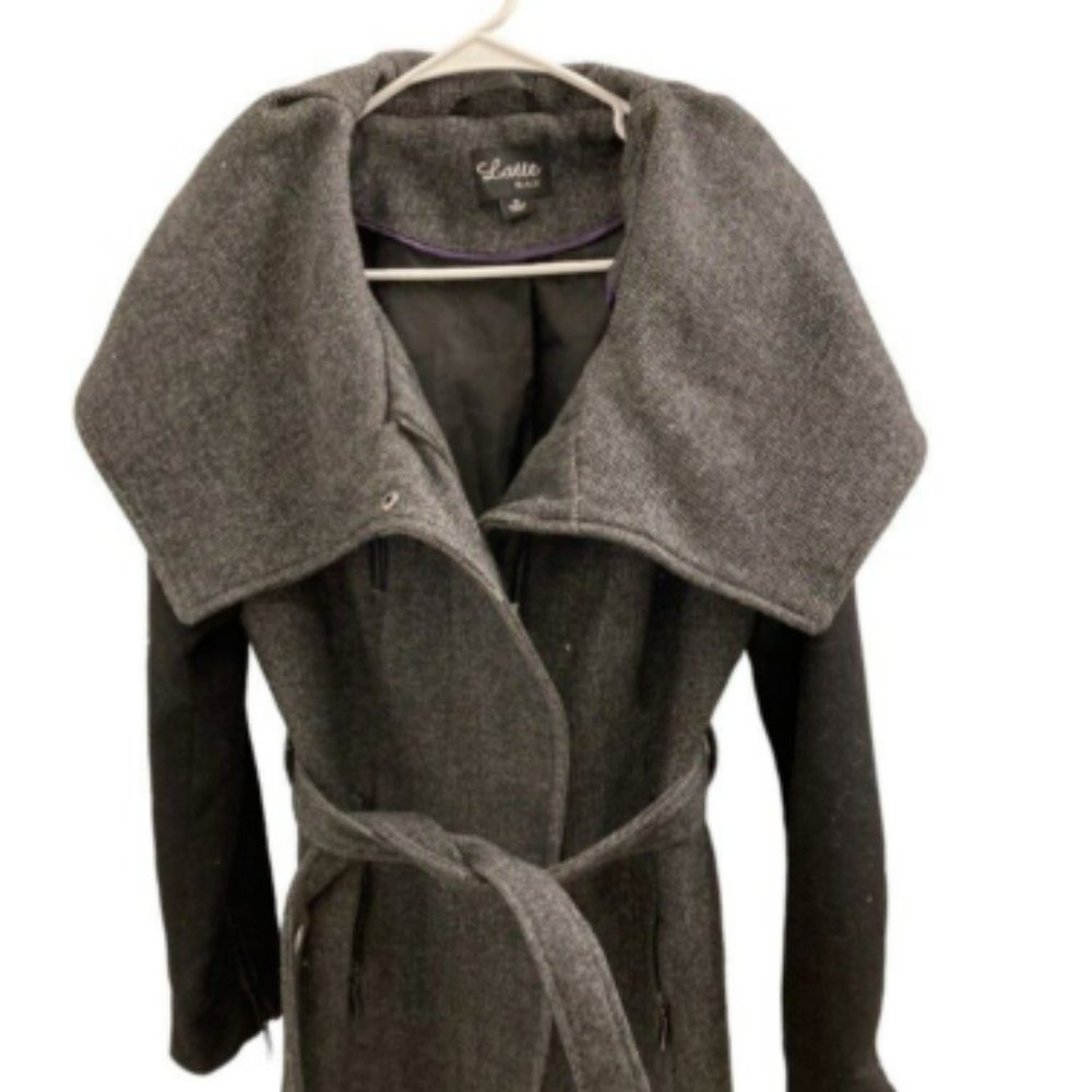 Latte Black Womens Coat Sz M Gray Tweed Zippered & Snap Closure Belted